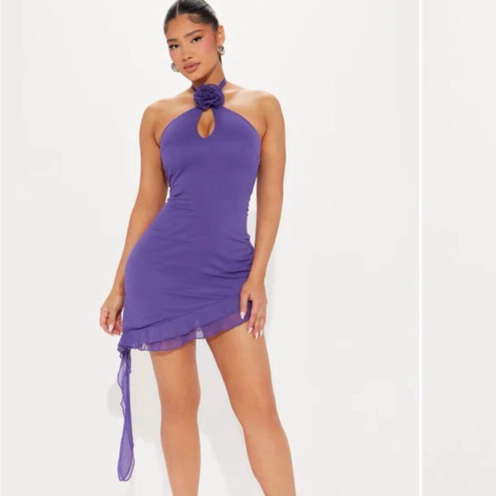NWT Fashion Nova Ava Chiffon Mini Dress Purple Floral Halter Ruffle Bodycon Sz L
